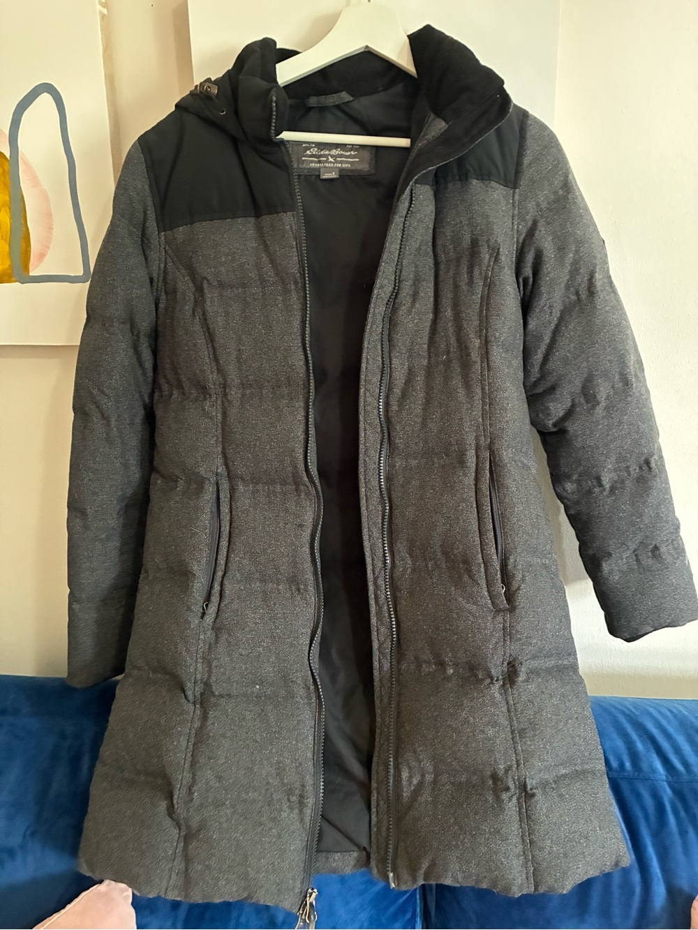 Eddie Bauer Gray Quilted Down Long Puffer Coat with Hood